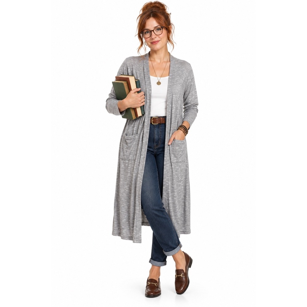 Elesol Womens XL Grey Space Dye Open Front Longline Cardigan Pockets Raglan